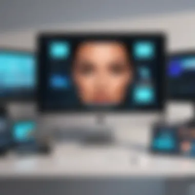 Creative Workspace with Face Edit Timeline A creative workspace featuring a monitor displaying a timeline of a face edit in progress.