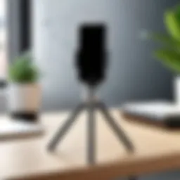 Compact mini tripod for iPhone on a desk