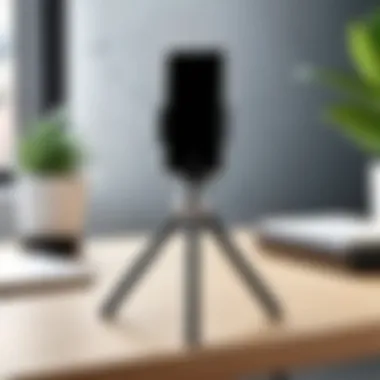 Compact Mini Tripod for iPhone Compact mini tripod for iPhone on a desk