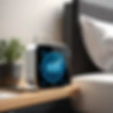 User Engagement with Alarm Clock Technology An individual engaging with a motivational alarm clock app