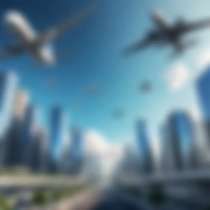 Urban skyline with airplanes identified overhead