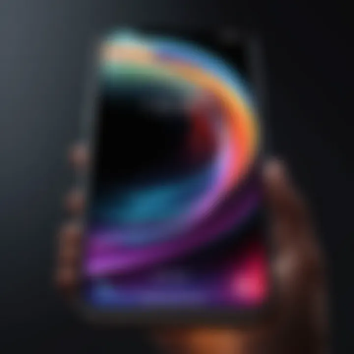 Close-up of an iPhone displaying vibrant dark live wallpaper