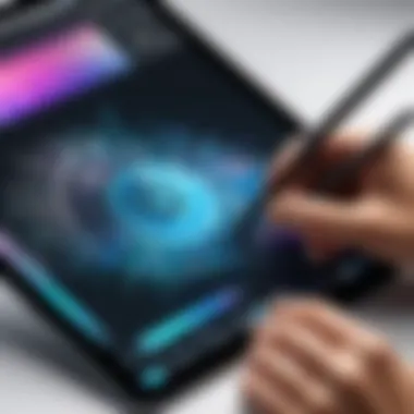 A close-up of a digital artwork being edited on an iPad, highlighting the tools in use.