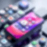 An abstract representation of smartphone lock screens with various app icons