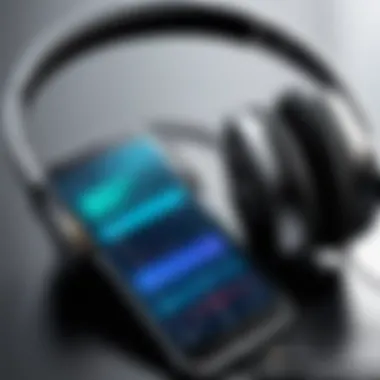 A close-up of headphones connected to a mobile device with a music app open