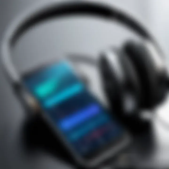 A close-up of headphones connected to a mobile device with a music app open