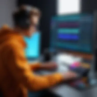 Engaged in Digital Music Creation An artist deeply focused while using a laptop for music production