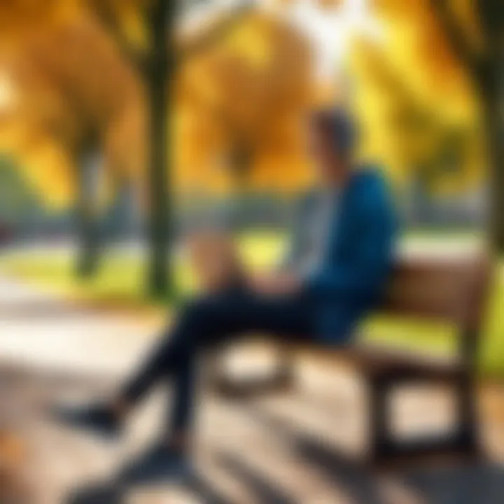 A person enjoying music on a park bench with a laptop