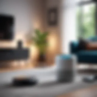 Smart Speaker in a Contemporary Setting A modern living room featuring a smart speaker playing music.