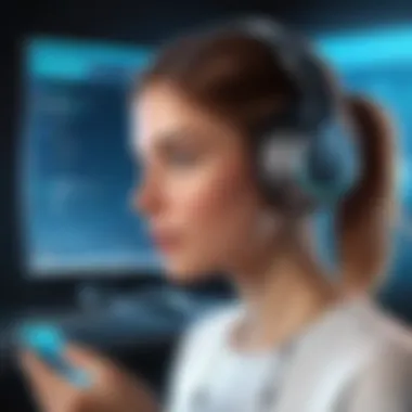 User Interaction with Smart Technology An individual engaging with a smart assistant while enjoying music.