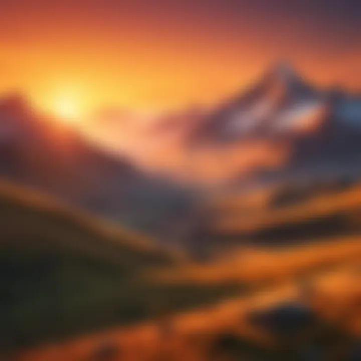 A stunning landscape wallpaper featuring mountains and a sunset