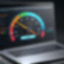 A sleek laptop with a speedometer graphic indicating performance boost