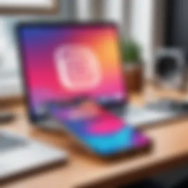 A creative workspace with a smartphone showcasing an Instagram post with music integration.