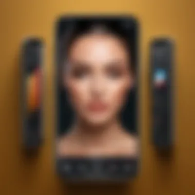 An iPhone displaying a photo editing app with face selection tools highlighted.