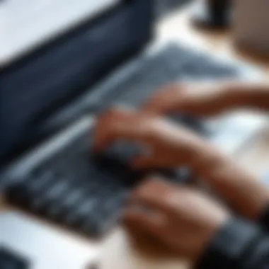 A focused individual practicing typing with clear concentration on the keyboard