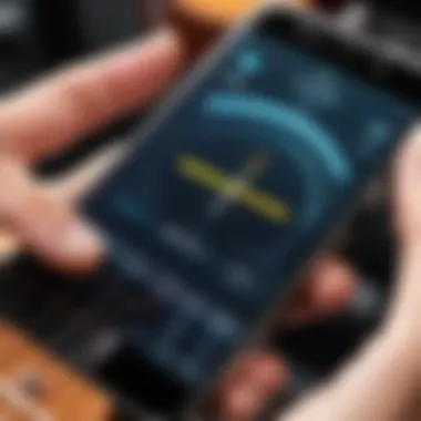 Musician Utilizing Smartphone Tuner in Performance A musician using a smartphone guitar tuner during a performance