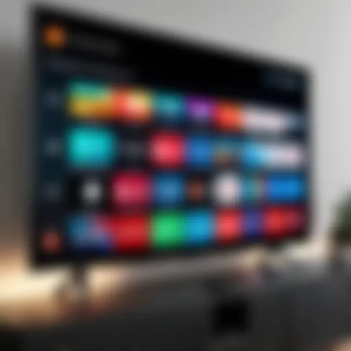 A close-up of a TV screen displaying streaming options without a remote