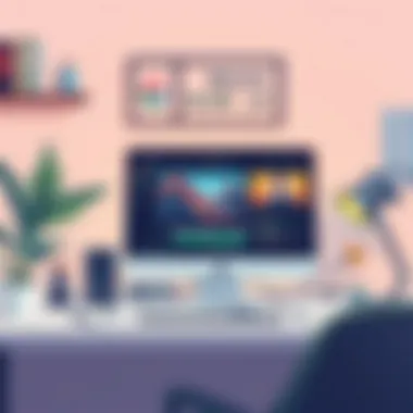 A creative workspace setup with PC and video editing software on screen