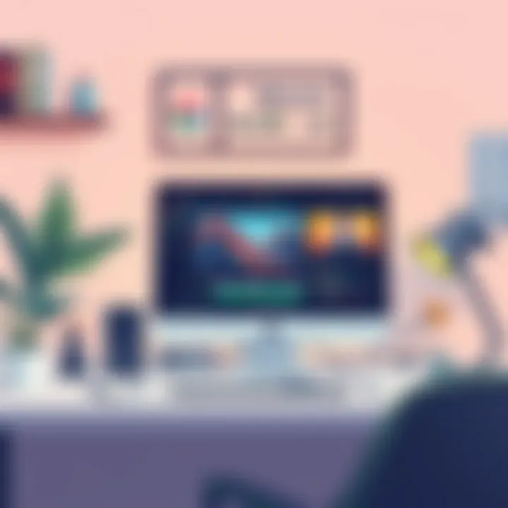 A creative workspace setup with PC and video editing software on screen