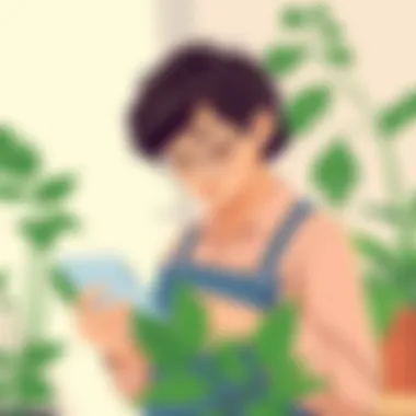 Enhancing Plant Care with Technology A gardener using a plant lookup app to identify and care for a houseplant.