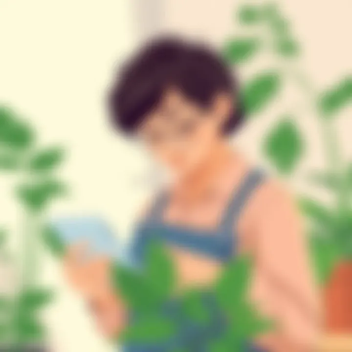 Enhancing Plant Care with Technology A gardener using a plant lookup app to identify and care for a houseplant.