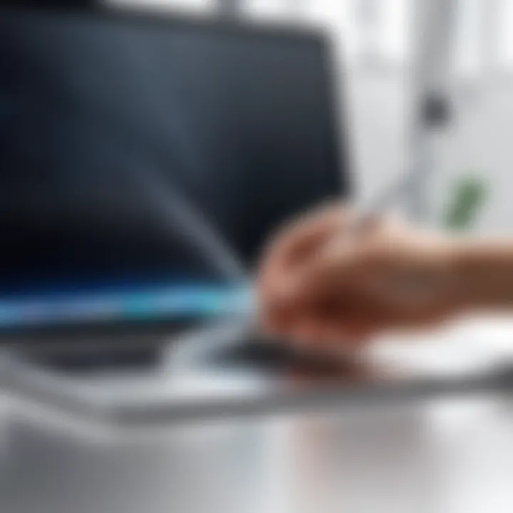 A person applying a screen protector to a MacBook screen