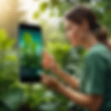 User Engagement with Nature A user interacting with a plant recognition app outdoors