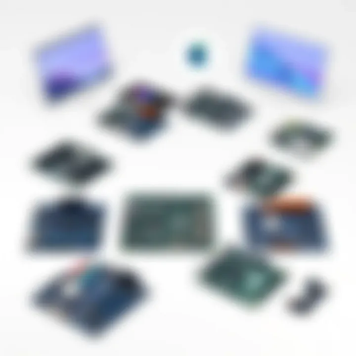 Diverse types of small motherboards displayed