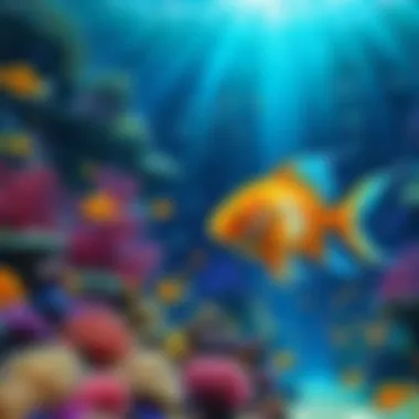 A vibrant underwater scene with moving fish