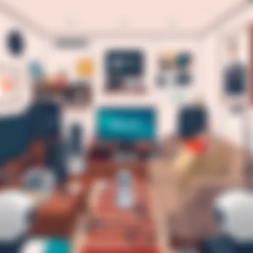 Cluttered Living Room A cluttered living room with a sofa and various electronics showing a missing remote control